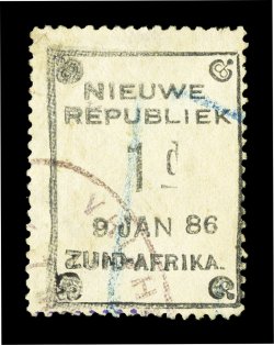 S.G. 1, 1886 1p Black on yellow, 9 JAN 86, a used example of this exceedingly rare stamp, which is not known to exist unused, violet oval postmark and blue crayon cancel, light
crease at top left ending in a small tear in the top margin (every e