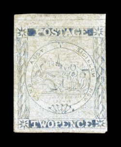 S.G. 29, 1850 2p Ultramarine, plate III, position 6, three large to huge margins including a top sheet margin, close to just touching the frame line at right, nearly full
original gum (rarely seen), some light cleaning, fine appearance 1950 RPS