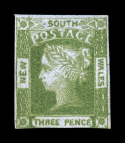 S.G. 67, 1853 3p Dull yellow green, very scarce mint copy, strong color, three full margins, just into the design at bottom, part original gum, faint vertical crease at left,
otherwise fine clear 1995 Rendon certificate (Scott 17d $2,000.00).