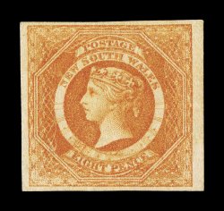 S.G. 98, 1855 8p Dull yellow orange, a highly desirable mint example of this very rare and challenging mint stamp, featuring full to exceedingly large margins all around
including particularly wide side margins, deep rich color and a well define