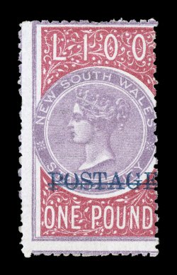 S.G. 242, 1885 £1 Rose lilac and claret, perf. 12x10, overprinted POSTAGE in blue, exceptionally fresh, usual centering, o.g., lightly hinged, nibbed perf. at left, fine clear
1978 and 2008 BPA certificates (Scott 75A $5,500.00).