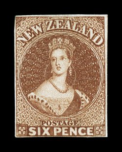 S.G. 13, 1857 6p Brown, scarce unused example, three large margins, fourth at bottom a little close but easily clears, rich color and a fine detailed impression, very fine 1958
BPA certificate (Scott 9 $2,100.00).