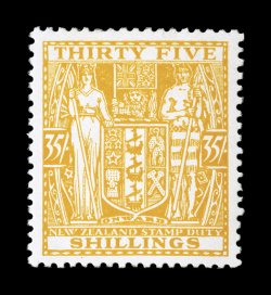 S.G. F161, 1931 35- Orange yellow, Cowan paper, a marvelous mint example of this scarce key postal fiscal, outstanding centering, brilliantly fresh color on pristine white
paper, o.g., very fine 2008 BPA certificate (Scott AR62 $4,500.00).