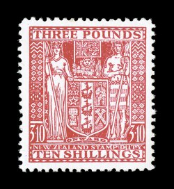 S.G. F209w, 1952 £3 10- Rose postal fiscal, watermark inverted, a pristine mint example of this rare value which also happens to display an inverted watermark, deep vibrant
color on bright paper, well centered, o.g., very fine and choice 1975