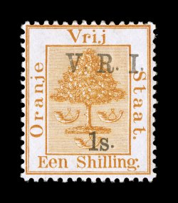 S.G. 121a, 1900 V.R.I.1s. surcharge on 1- Orange yellow, raised stops, brilliantly fresh, o.g., barest trace of hinging (if any), very fine a lovely example of this rare stamp
(Scott 52j $1,500.00).