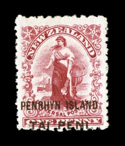 S.G. 6, 1902 1p Carmine overprinted PENRHYN ISLAND. in brown, perforated 11x14, quite fresh, large part o.g., minute pinhole at right, otherwise a fine example of this elusive
stamp 2008 BPA certificate (Scott 2b $1,000.00).