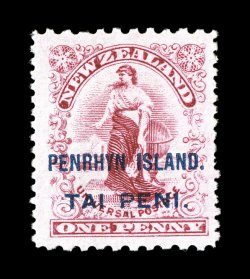 S.G. 11, 1902 1p Carmine surcharged PENRHYN ISLAND.TAI PENI. in blue, compound perforated 11x14, well centered, bright color, o.g., typical irregular perforations
characteristic of the compound perforations, very fine an enormously rare Brit