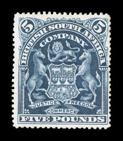 S.G. 92, 1901 £5 Deep blue, unused, regummed, strong color and impression, fine a rare stamp signed H. Bloch and accompanied by his 1980 Friedl certificate (as original gum)
and a 2008 BPA certificate ex-Melat (Scott 74 $3,500.00).