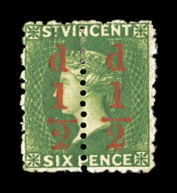 S.G. 33a, 1881 12d surcharge on half of 6p Bright green, unsevered pair, rich bright color, o.g., fine signed H. Bloch and accompanied by a 2008 BPA certificate (Scott 31a
$550.00).