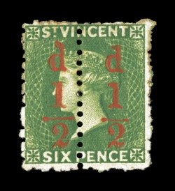 S.G. 33a var., 1881 12d surcharge on half of 6p Bright green, unsevered pair, right 1 with straight top, with the left stamp being the normal font, brilliantly rich color,
large part o.g., faint trace of perf. tip gum soaking, fine an elus