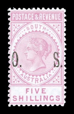 S.G. O87, 1891 5- Pale rose, with O.S. overprint, mint example of this very rare stamp of which only one sheet of 60 was produced, fresh color, o.g., light horizontal crease,
fine appearance a stamp that is missing in most collections 1