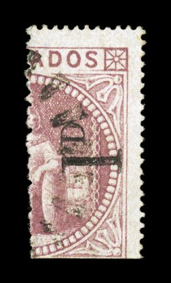 S.G. 87, 1878 1D. on half of 5- Dull rose, 1 with straight serif, used, strong rich color, a very fine example of this scarce stamp 1961 PF and 2008 BPA certificates ex-Charlton
Henry, Chapin (Scott 58 $1,050.00).