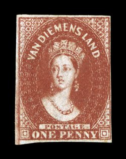 S.G. 14, 1855 1p Carmine, three full margins, close at right but clears the frame line at all points, deep luxuriant color and an excellent impression, part original gum,
nearly very fine a highly collectable example of a stamps that is almost