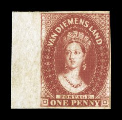 S.G. 19, 1856 1p Pale brick red, left sheet-margin single, other margins mostly large, close at top right, lovely rich color and a detailed impression, light creasing and a
minute margin thin, very fine appearance a handsome appearing example o