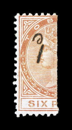 S.G. 7, 1880 1d manuscript surcharge on half of 6p Orange, an exceedingly rare unused example, without gum as usual, bright fresh color, very fine while used examples of this
provisional are available with some frequency, unused copies are ra