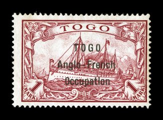 S.G. H10, 1914 (Sept.) TOGOAnglo-FrenchOccupation overprint on 1M Carmine, wide setting overprint, unused, rich color, tiny thin speck at top, otherwise fine only about 100
stamps of this value were issued in this setting and the majority o