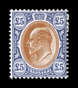 S.G. 259, 1903 £5 Orange brown and violet, rich vibrant colors and strong impressions, fresh clean o.g. with just a tiny h.r., fine 2008 BPA certificate (Scott 267
$1,300.00).