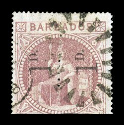 S.G. 88a, 1878 1D. small surcharge on 5- Dull rose, unsevered pair, used, fresh color, bootheel cancel, faint thin spot and small tear at right, fine appearance an exceedingly
rare unsevered pair 2008 BPA certificate (Scott 59a $5,250.00)