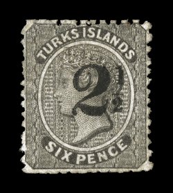 S.G. 25, 1881 2 12 on 6p Black, setting 1, surcharge type 15, unusually well centered, strong color, o.g. that is just slightly disturbed and barely toned, very fine an
important rarity that is missing from even the most advanced Turks Islan
