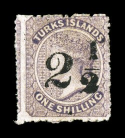 S.G. 30, 1881 2 12 on 1- Lilac, setting 6, surcharge type 20, an enormously rare mint example of this surcharge type, rich color, part o.g., fine it is believed that only seven
copies of the 1- Lilac exist with the type 20 surcharge, one