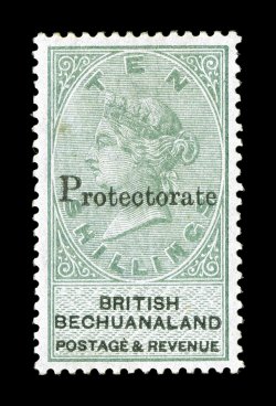 S.G. 50, 1988 Protectorate overprint on 10- Green and black, an extraordinarily handsome mint example of this high value rarity, possessing outstanding centering which is rarely
encountered on this series, strong rich color, full fresh o.g.,