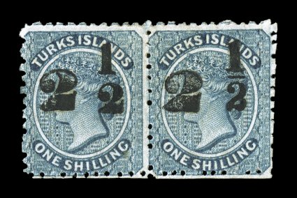S.G. 40-41, 1881 2 12 on 1- Dull blue, setting 9, surcharge types 26-27, se-tenant pair, the left stamp being type 26 (without fraction bar) and the right stamp being type 27,
rich luxuriant color and strong vivid impressions, full original