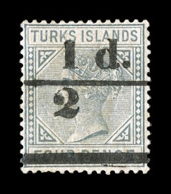 S.G. 66, 1893 12d. on 4p Grey, upper bar separated between stamps, nicely centered, o.g., h.r., light overall toning, very fine centering a rare variety (Scott 56a
$2,600.00).