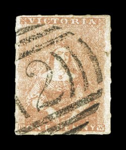 Scott 9, 1850 1p Vermilion, rouletted 7, used as are all known examples of this rare and seldom offered stamp, with roulettes on all four sides, small thin, fine appearance
1994 Rendon certificate