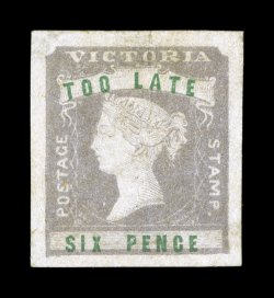 S.G. 33, 1854 6p Too Late Lilac and green, unused, very large and even margins all around, attractive color, a couple light creases, extremely fine appearance 2008 BPA
certificate (Scott I1 $1,300.00).