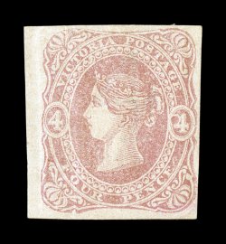 S.G. 95d, 1863 4p Dull rose pink, imperforate, four close to huge margins, fairly strong impression, full o.g., light crease at bottom, otherwise very fine seldom seen mint,
and unpriced in Stanley Gibbons and Scott as such signed Kosack and a