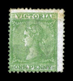 S.G. 162, 1869 1p Pale yellow green, watermarked SIX PENCE, seldom seen unused copy, traces of o.g., light soilingstaining, fine appearance 1994 Brandon and 2008 BPA
certificates (Scott 100 $725.00).