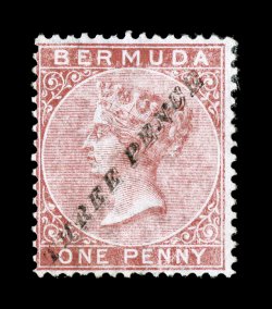 S.G. 12, 1874 Three Pence provisional surcharge Ty. 6 on 1p Rose red, unused example of this rarity, centered to the left as are all known genuine examples, certificate states
pale color, but it is actually a pleasing pastel shade, fine only