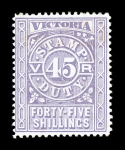 S.G. 277, 1890 45- Lilac Stamp Duty, rich color, o.g., h.r., faint lightened toned spot at top right, otherwise a fine example of this rare postal fiscal 1991 PF and 2008 BPA
certificates ex-Gilbert (Scott AR52 $3,500.00).