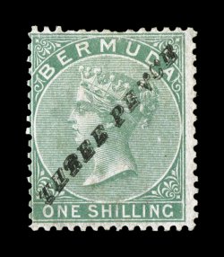 S.G. 13, 1874 Three Pence surcharge Ty. 6 on 1- Green, scarce unused example, strong color, a few nibbed perfs. at top, otherwise fine clear 1983 and 2008 BPA certificates
(Scott 12 $2,850.00).