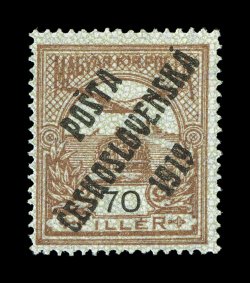 B70, 1919 70f Red brown on green with PostaCeskoslovenska1919 overprint, fresh mint example of this rare stamp, with strong rich color and a crisp impression, o.g., lightly
hinged, very fine only 150 printed signed J. Mrnak and accompanied