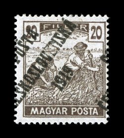 B97, 1919 20f Dark brown with PostaCeskoslovenska1919 overprint, overprint shifted to the left, capturing a portion of the adjoining stamps overprint at right, marvelously
fresh, pristine o.g. with just a faint h.r. at top, very fine for th