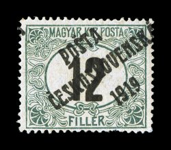 B106, 1919 12f Green and black with PostaCeskoslovenska1919 overprint, wmk. crown, another mint example, bright color, o.g., lightly hinged, few minor perf. flaws at bottom,
otherwise very fine signed many times and accompanied by a 1986 PF