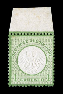 7, 1872 1Kr Green, an extraordinarily fresh and choice top sheet-margin single, rich bright color, sharp embossing, full clean original gum that is never hinged, very fine
never hinged examples of this stamp are especially rare and desirabl