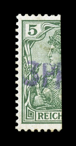 65B, 1901 3PF handstamp on half of 5pf Vineta provisional, a most impressive mint example of this important rarity, with a clear surcharge, strong color, o.g., never hinged,
miniscule facial blemish in the eye of Germania and a faint corne