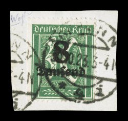 242A, 1923 8 Taufend on 30pf Blue green, network watermark, an incredibly rare used example tied to piece by Berlin 30.10.23 c.d.s. postmarks (specifically noted as the correct
time period on the accompanying certificate), deep luxuriant col