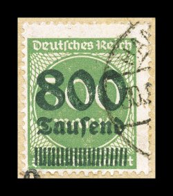 267, 1923 800 Taufend on 500M Light green, single tied to large part of a registered cover (the complete front and back opened for display) along with 70 other mostly different
stamps by Hamburg 30.11.23 c.d.s. postmarks, the registry markin