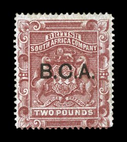 S.G. 15, 1891 £2 Rose red overprinted B.C.A., attractive color, large part o.g., slight corner thin, otherwise fine and scarce 2008 BPA certificate (Scott 15
$1,050.00).