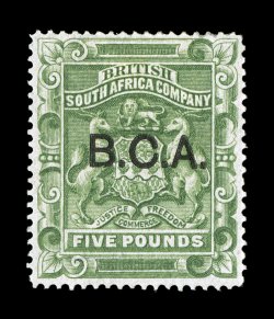 S.G. 16, 1891 £5 Sage green overprinted B.C.A., fresh unused example, bright color, well centered, regummed, very fine 2008 BPA certificate (Scott 16 $1,800.00).