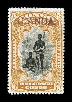N8, 1916 5Fr Ocher and black, with RUANDA. handstamp, nicely centered, bright fresh colors, full o.g., very fine an exceptionally rare and elusive stamp signed Champion and
accompanied by a 1962 PF certificate.