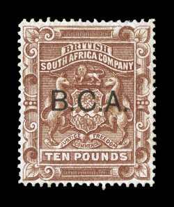 S.G. 17, 1891 £10 Brown overprinted B.C.A., an impressive unused example of this high value rarity, exceptionally well centered, strong rich color, regummed, very fine 2008 BPA
certificate (Scott 17 $3,850.00).