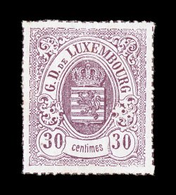23, 1865 30c Lilac rose, rouletted in color, incredibly bright and fresh, flawless centering, full original gum, lightly hinged, extremely fine an uncommonly select mint
example of this stamp, which is especially challenging to find with full o