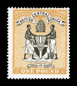 S.G. 29, 1895 £1 Black and yellow orange Coat of Arms, strong bright colors, slightly disturbed o.g., fine 2008 BPA certificate (Scott 29 $1,150.00).