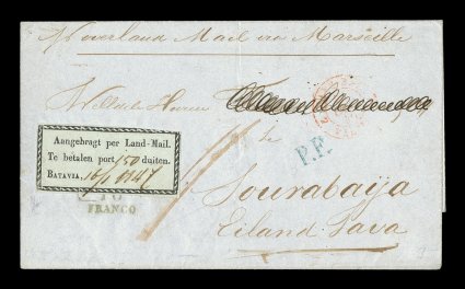 J1, 1846 Duiten postage due label, on 1847 folded cover, label with ms. 150 and 161 1847 which also tied the label to the cover, ms. endorsement Overland Mail via Marseilles at
top, Rotterdam 2210 Franco datestamp under the label, Fr