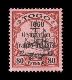 162, 1914 80pf Lake and black with TOGOOccupationfranco-anglaise, well centered, deep colors, o.g., small h.r., very fine only 550 printed signed Champion, H. Bloch and Bothe
(Michel 7 Ç550).
