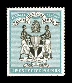 S.G. 31, 1895 £25 Black and blue green Coat of Arms, a rarely seen unused example of this British Africa high value rarity, remarkably well centered, strong colors on fresh
paper, scissor separated perforations at left and bottom as often on thi
